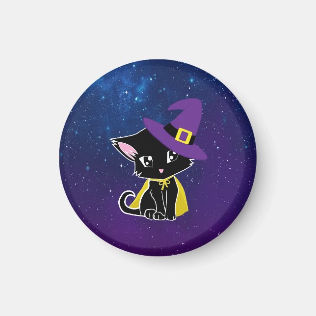Imã Cute Black Cat Wizard Under the Stars Keychain (Frente)