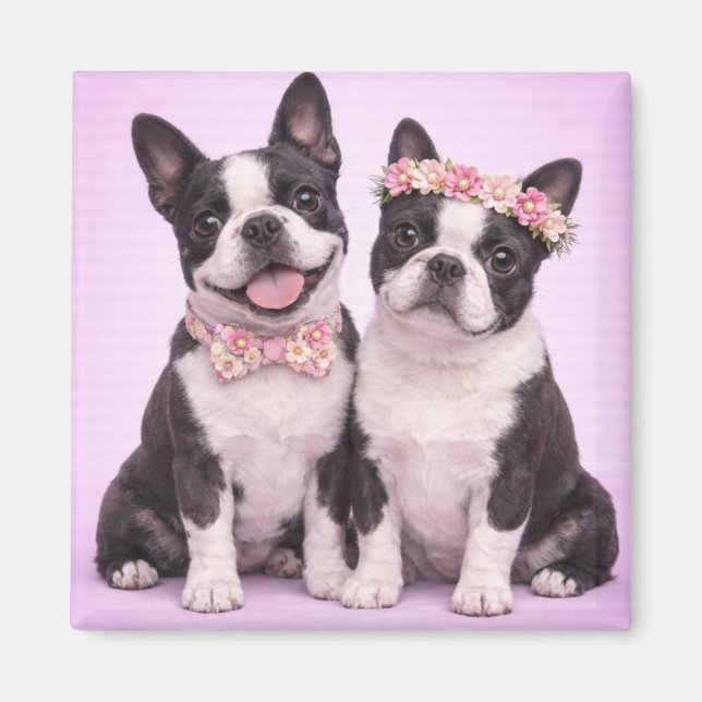 Imã Cute Boston Terrier Couple Valentine Illustration  (Frente)