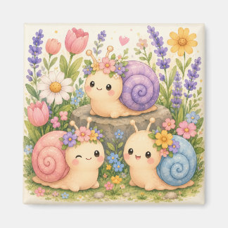 Imã Cute caracóis kawaii com flores