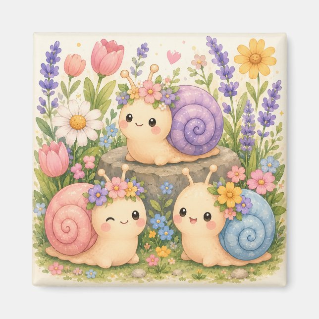 Imã Cute caracóis kawaii com flores (Frente)
