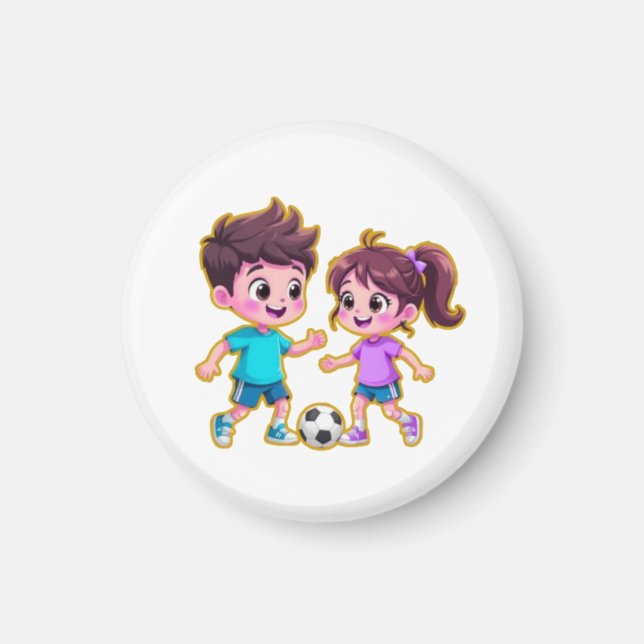 Imã Cute Cartoon Boy and Girl Playing Soccer Together  (Frente)
