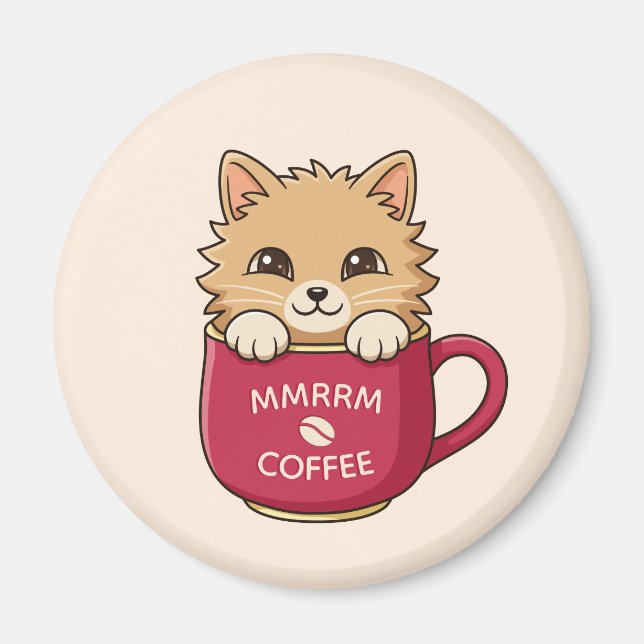 Imã Cute Cartoon Kitten Coffee Mug Beige Custom Text (Frente)