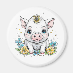 Imã Cute Cartoon Pig in Flowers