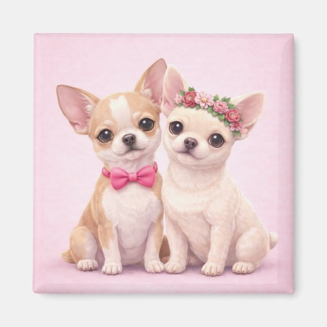 Imã Cute Chihuahua Couple Valentine Illustration  (Frente)