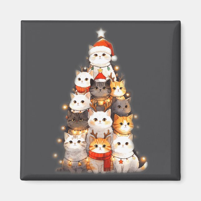 Imã Cute Christmas Cats Tree Lights Holiday Kittens Il (Frente)