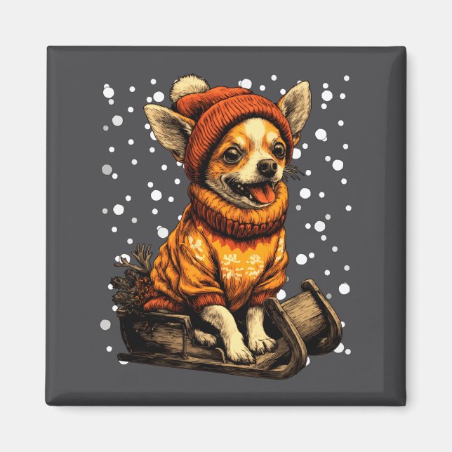 Imã Cute Christmas Chihuahua Sledding In Snow Funny Wi (Frente)