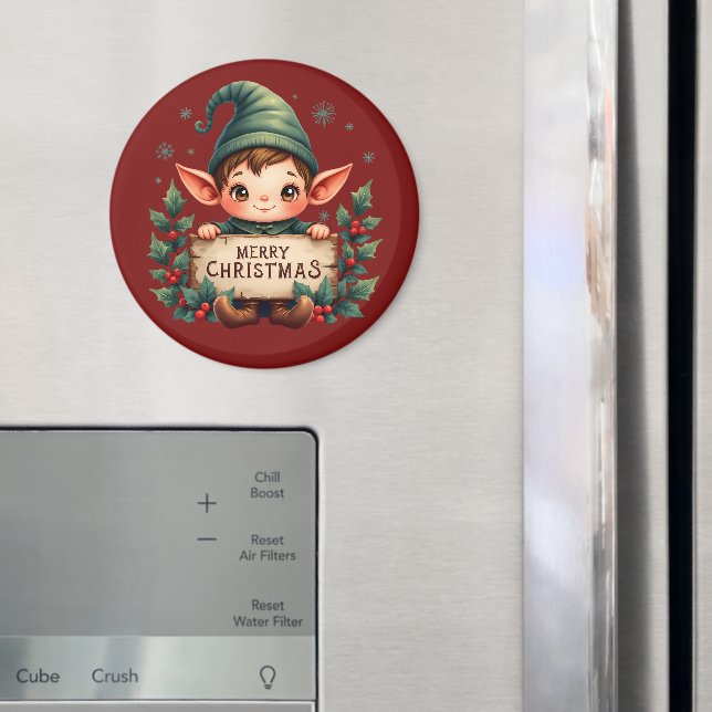 Imã Cute Christmas Elf Holding Merry Sign Red (In Situ (Fridge))