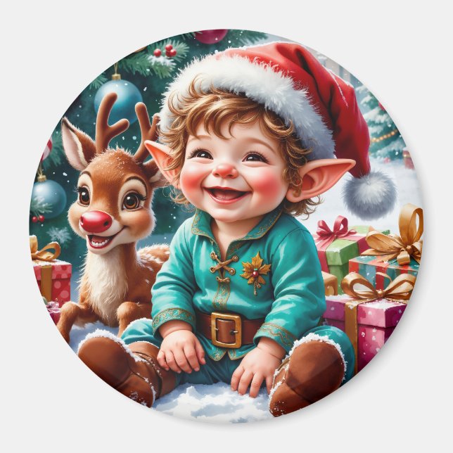 Imã Cute Christmas Elf & Reindeer  (Frente)