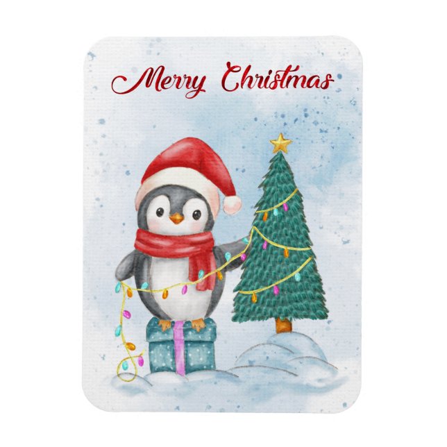 Ímã Cute Christmas Penguin Decorating Tree with Lights (Vertical)