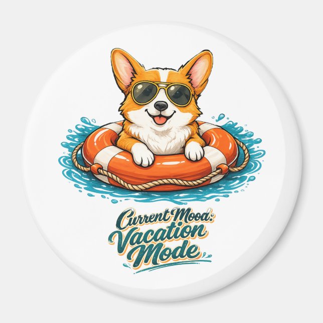 Imã Cute Corgi "Vacation Mode" Summer Design (Frente)