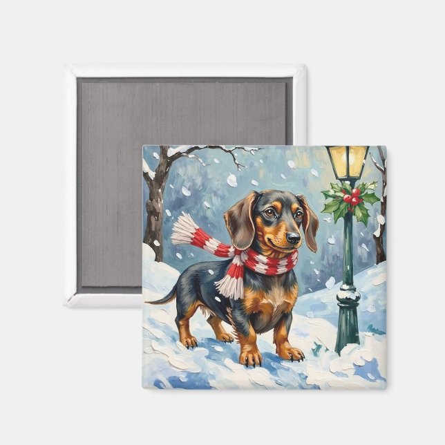Imã Cute Dachshund Puppy Cozy Winter Scarf Art (Front/Back)