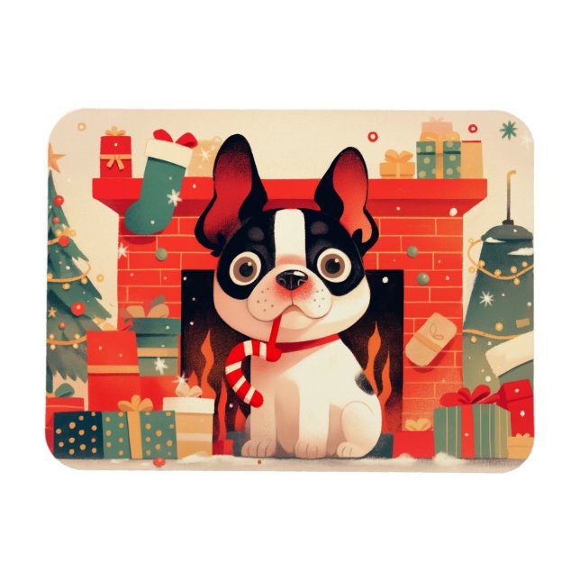 Ímã Cute French Bulldog by the Christmas Fireplace (Horizontal)