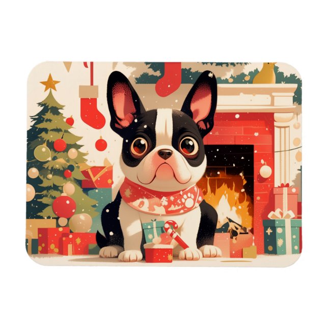 Ímã Cute French Bulldog by the Christmas Fireplace (Horizontal)