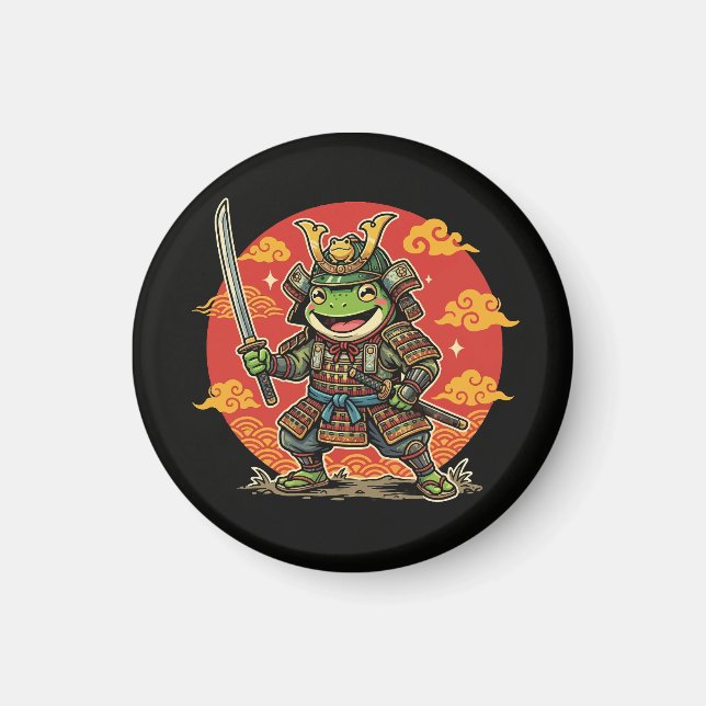 Imã Cute Frog Samurai Cartoon Animal Warrior Design (Frente)