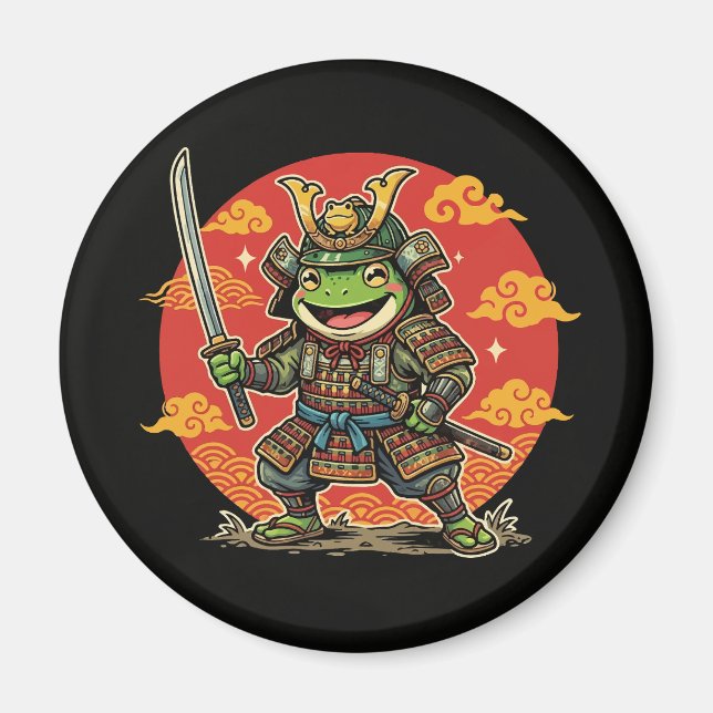 Imã Cute Frog Samurai Cartoon Animal Warrior Design (Frente)