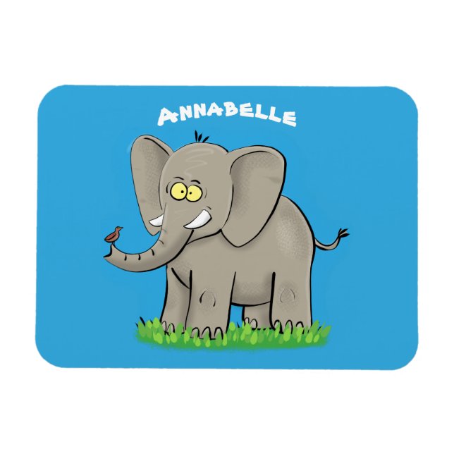 Ímã Cute funny elephant with bird on trunk cartoon (Horizontal)