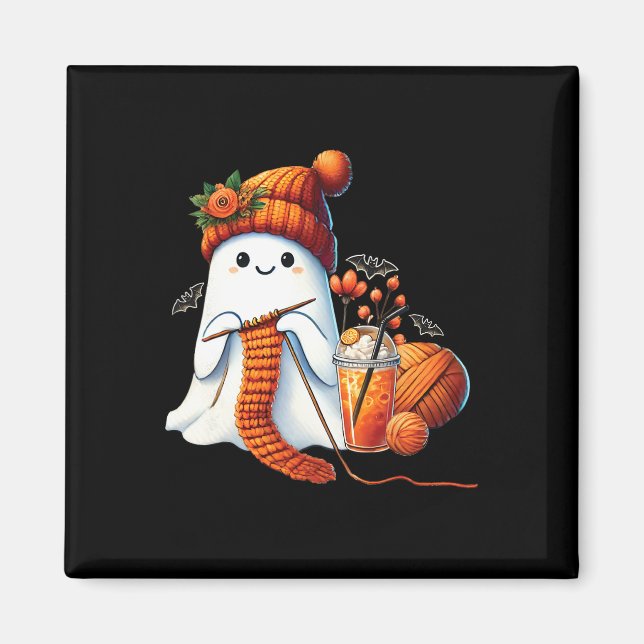 Imã Cute Ghost Crochet Knitting Amante Café de Hallowe (Frente)