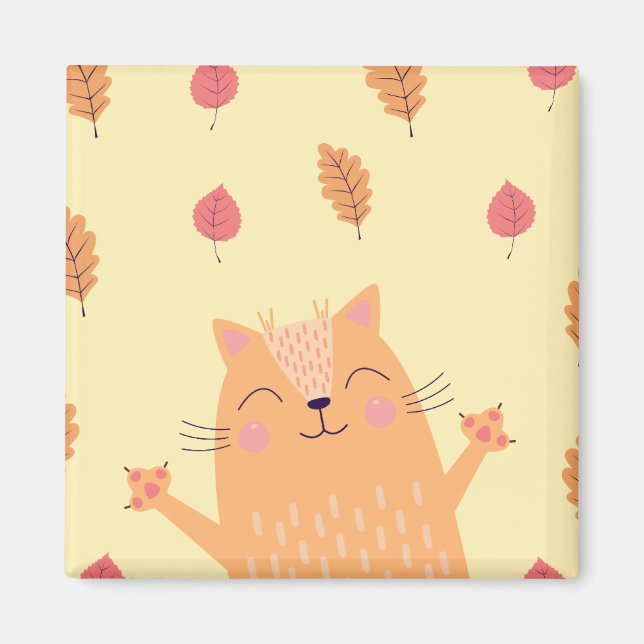 Imã Cute Ginger Orange Cat Playing in Autumn Leaves (Frente)