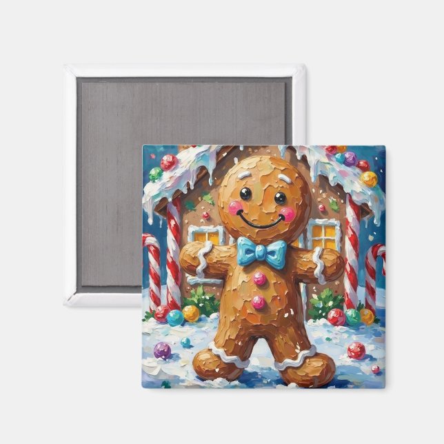 Imã Cute Gingerbread Man Cheerful Christmas Cookie Art (Front/Back)
