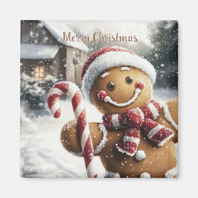 Imã Cute Gingerbread Man with Candy Cane Magnet (Frente)