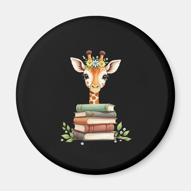 Imã Cute Giraffe With Book Floral Bookworm Librarian B (Frente)
