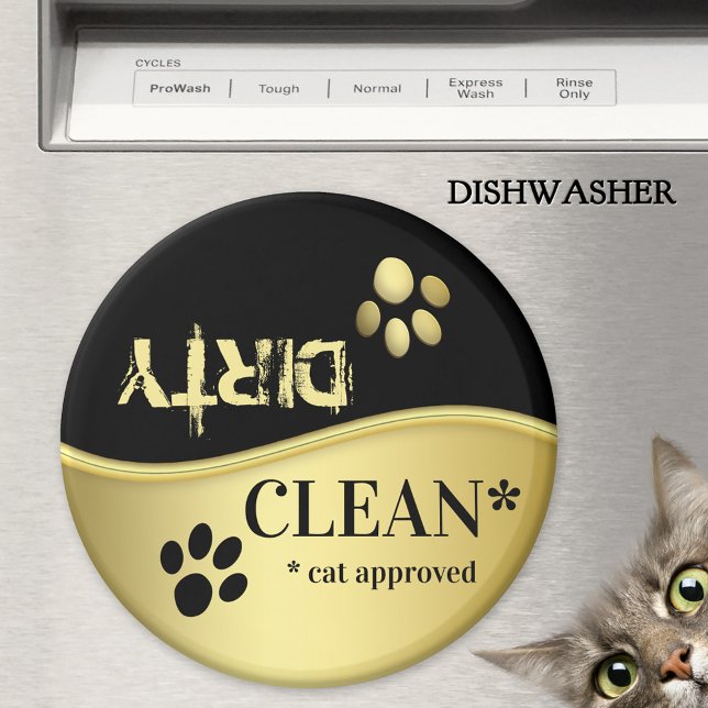 Imã Cute Gold Black Cat Paws Clean Dirty Dishwasher  (Clean-dirty dishwasher magnet featuring cute cat paws on gold and black.)