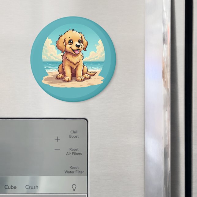 Imã Cute Golden Puppy at Sunny Beach Scene (In Situ (Fridge))
