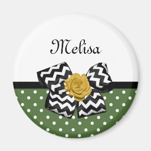 Imã Cute Green Dots Yellow Rose Chevron Arco e Nome