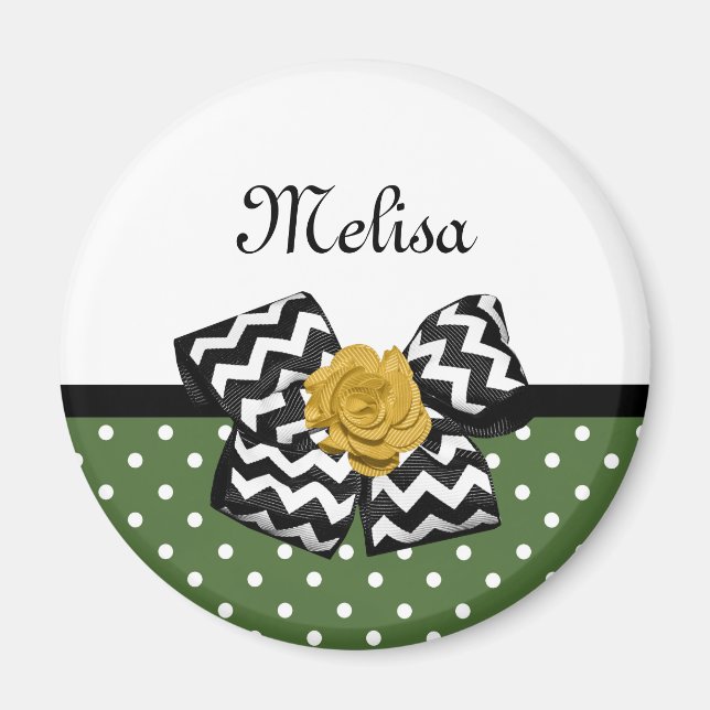 Imã Cute Green Dots Yellow Rose Chevron Arco e Nome (Frente)