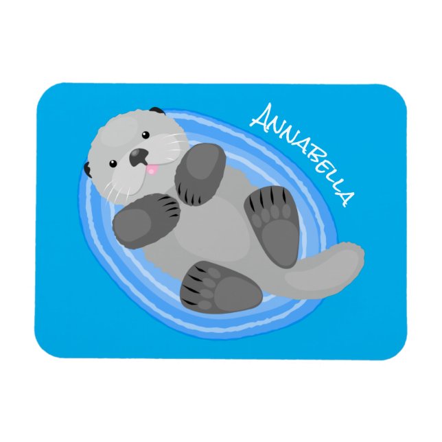 Ímã Cute happy sea otter blue cartoon illustration (Horizontal)