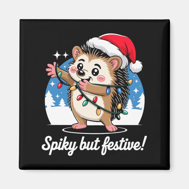 Imã Cute Hedgehog With Santa Hat Christmas Lights Wint (Frente)