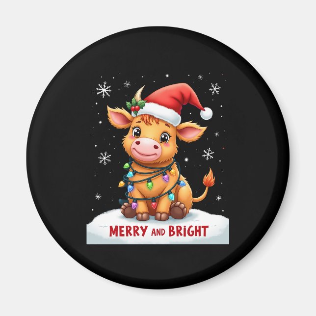 Imã Cute Highland Baby Cow Christmas Lights Merry & Br (Frente)