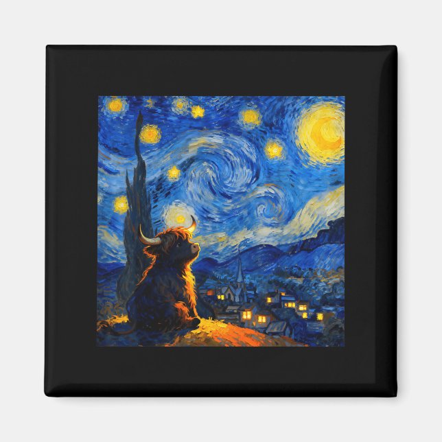 Imã Cute Highland Baby Cow Graphic Van Gogh Style Star (Frente)