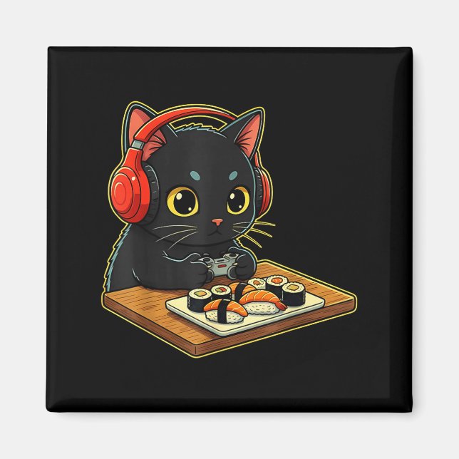 Imã Cute Kawaii Black Cat Funny Sushi Retro Japanese C (Frente)