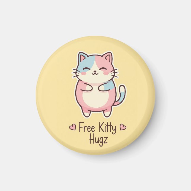 Imã Cute Kawaii Cat "Free Pup Hugz" Quirky Pastel Magn (Frente)