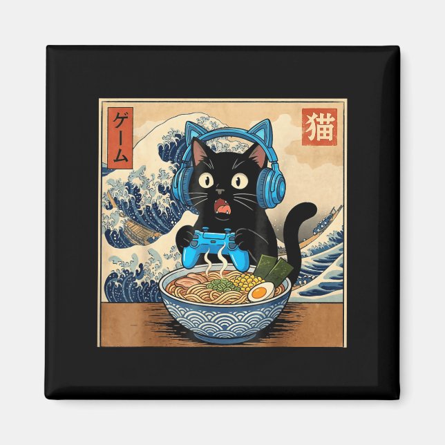 Imã Cute Kawaii Gamer Cat Funny Ramen Japanese Cat Gam (Frente)