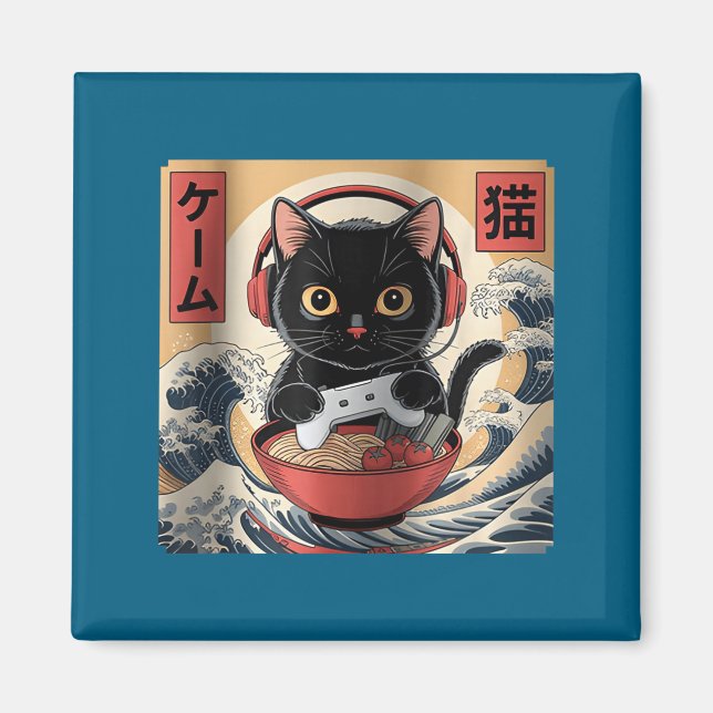 Imã Cute Kawaii Gamer Cat Funny Ramen Retro Japanese C (Frente)