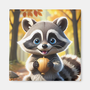 Imã Cute Kawaii style Racoon segurando uma bolota