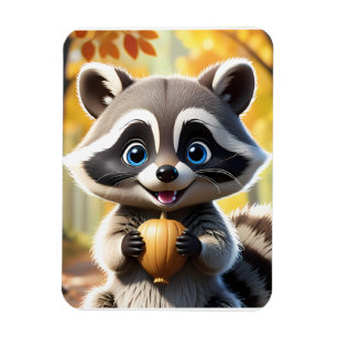 Ímã Cute Kawaii style Racoon segurando uma bolota