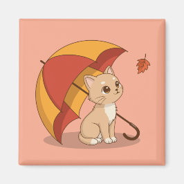 Imã Cute Kitten Cat Red Yellow Umbrella Fall Pink