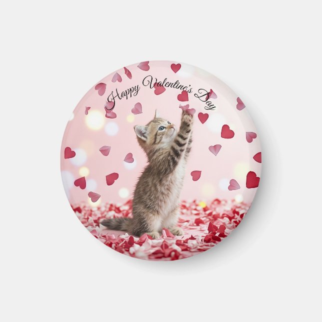 Imã Cute Kitten Catching Valentine Heart Petals (Frente)