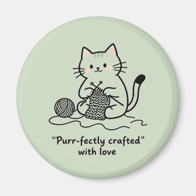 Imã Cute Knitting Kitty Pastel Green Graphic Design (Frente)