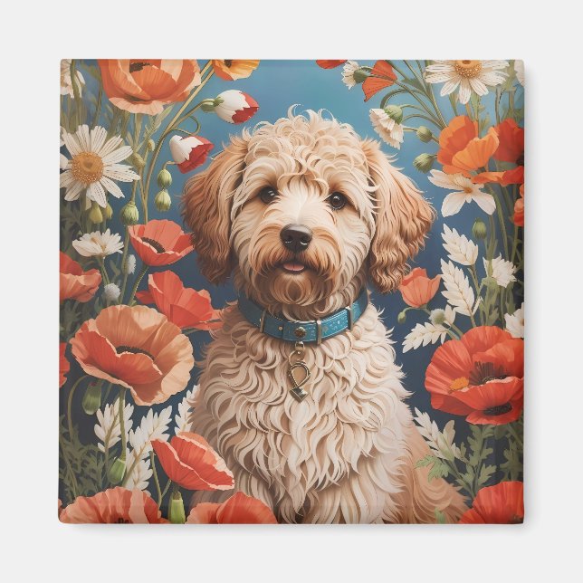 Imã Cute Labradoodle Daisy E Poppy Flower (Frente)