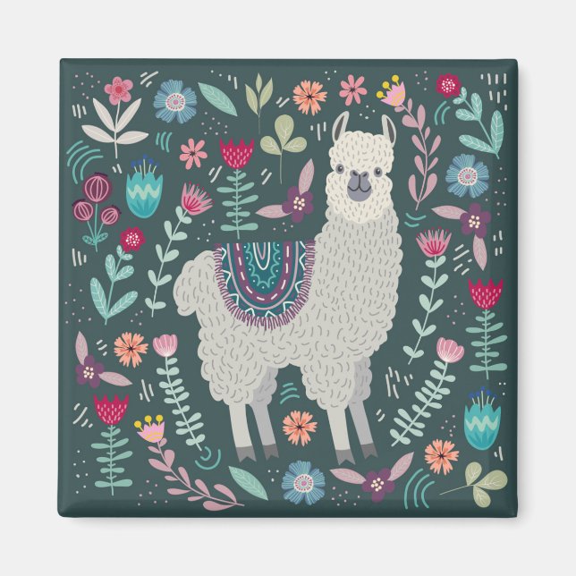 Imã Cute Llama Floral Design (Frente)