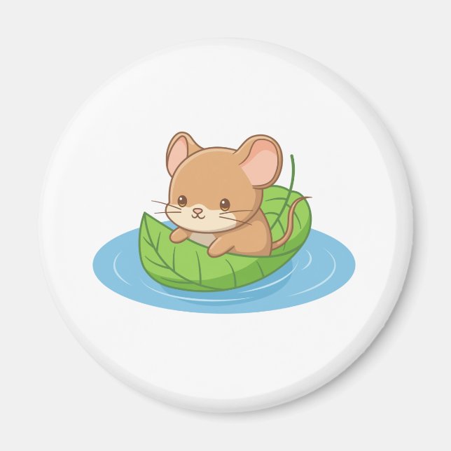 Imã Cute Mouse in a Leaf Boat (Frente)