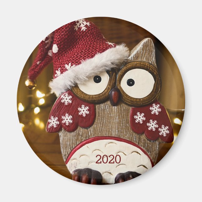 Imã Cute Owl Christmas Wood (Frente)