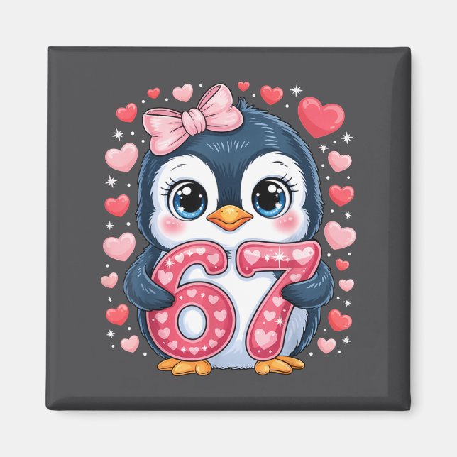 Imã Cute Penguin 67 Six Seven Valentine Hearts 6 7 Mem (Frente)