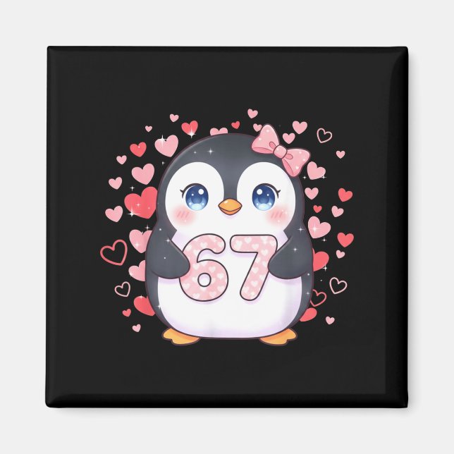 Imã Cute Penguin 67 Six Seven Valentine Hearts 6 7 Mem (Frente)