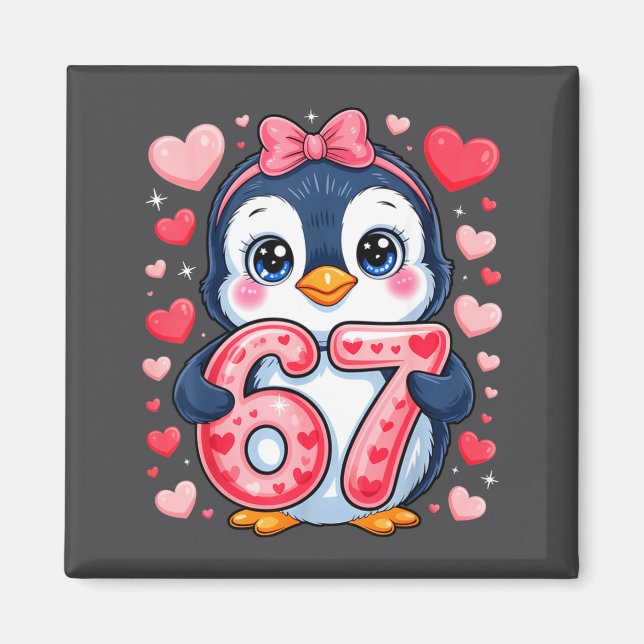 Imã Cute Penguin 67 Six Seven Valentine Hearts 6 7 Mem (Frente)
