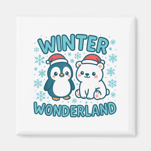 Imã Cute Penguin And Lar Bear Winter Wonderland Christ (Frente)